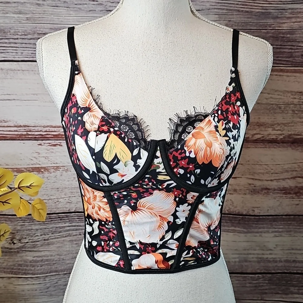 NEW SHEIN BLACK FLORAL EYELASH TRIM UNDERWIRE CORSET - Picture 2 of 11